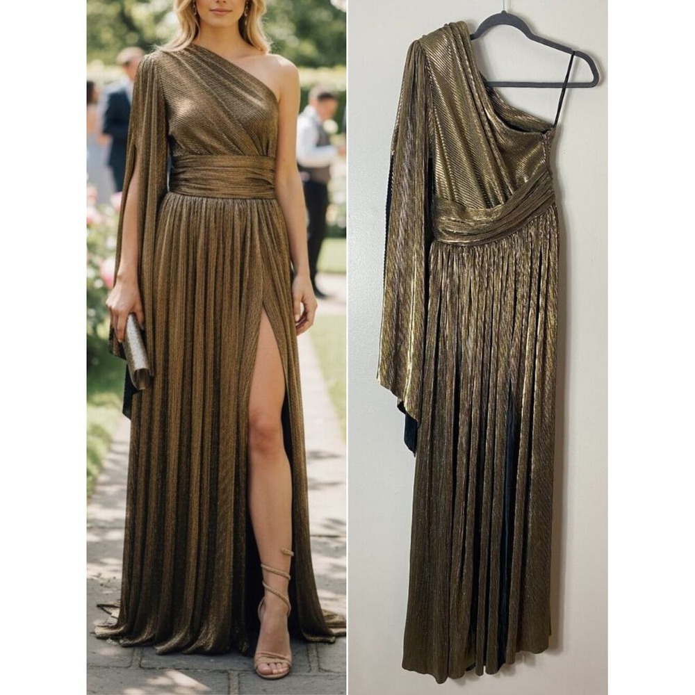 Bronx and Banco Dress XS Bronze Florence One Shoulder Metallic Pleated Maxi Gown